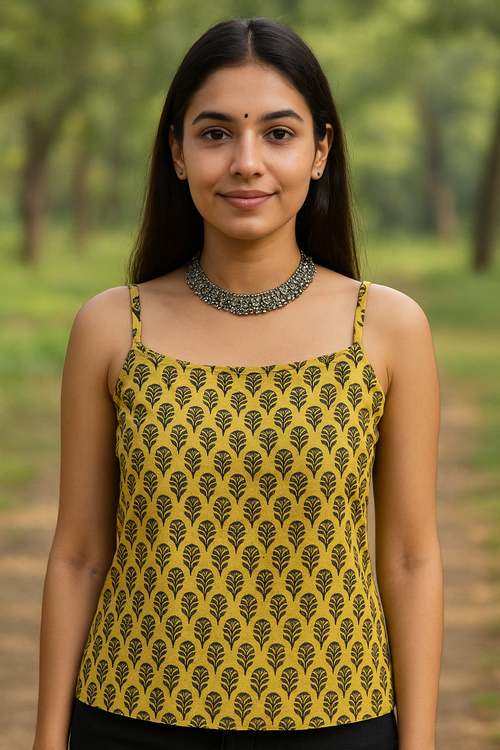 Hand-Block Printed Cotton Spaghetti Top – Mustard Floral