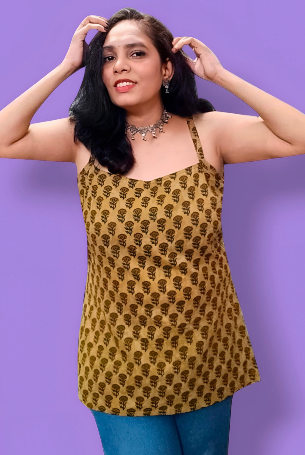 Printed Cotton Spaghetti Top – Mustard Floral