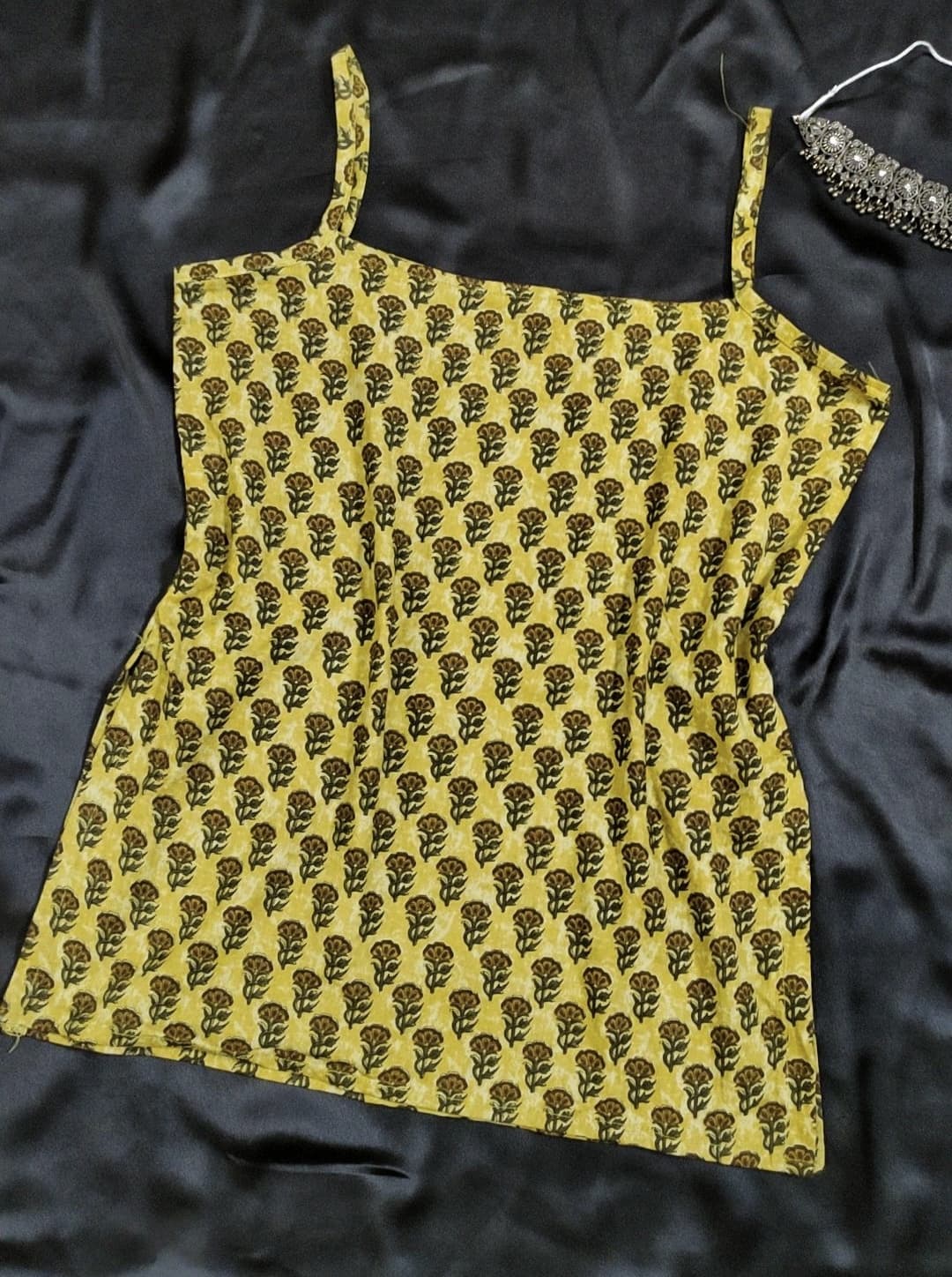 Hand-Block Printed Cotton Spaghetti Top – Mustard Floral