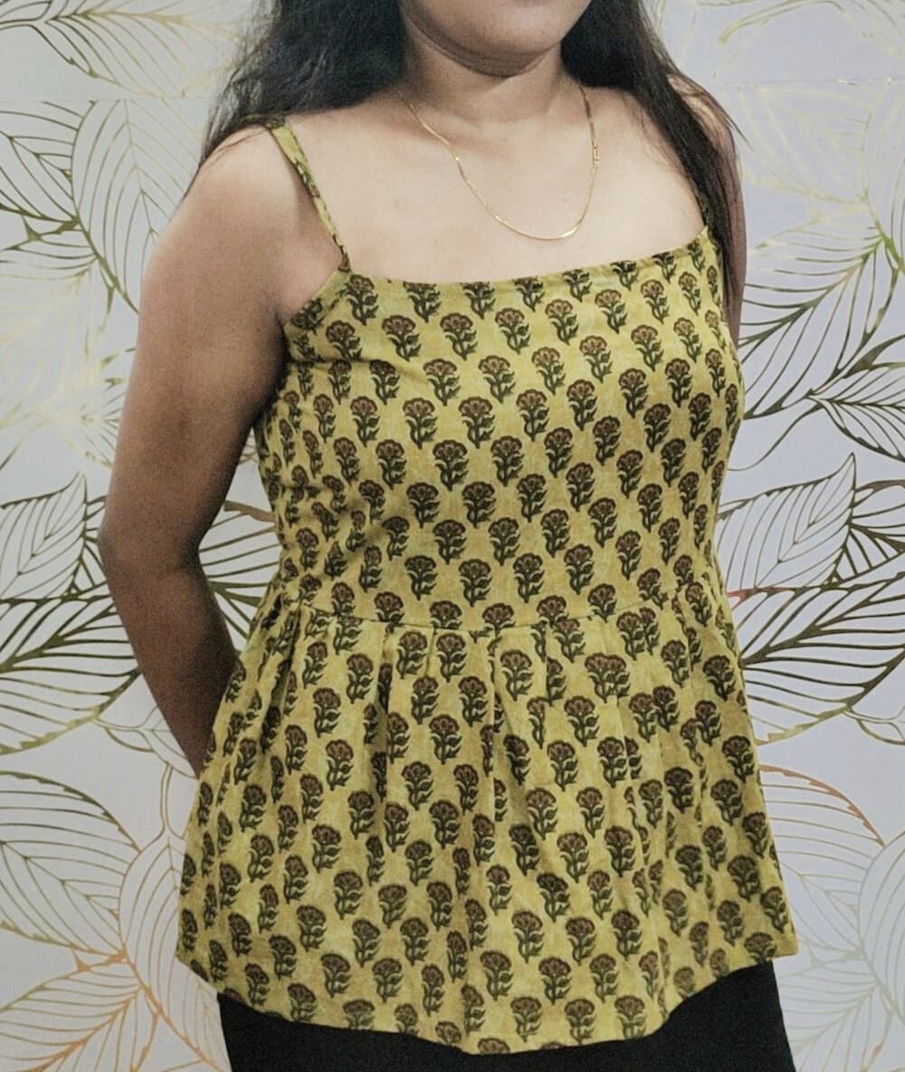 Hand-Block Printed Cotton Spaghetti Top – Mustard Floral