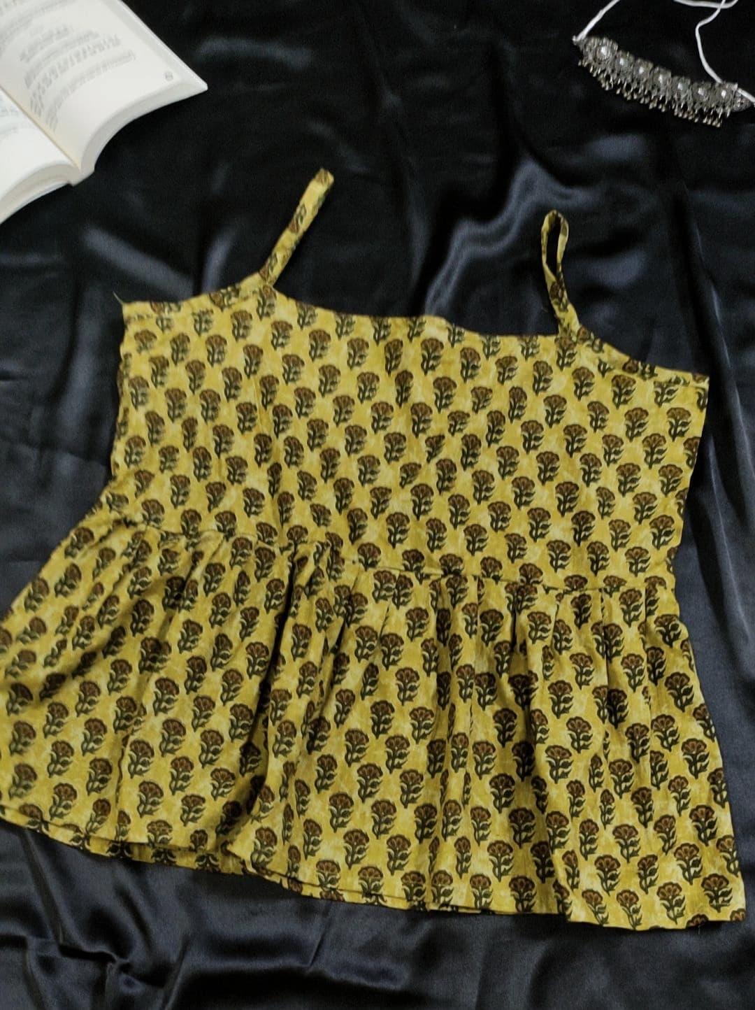 Hand-Block Printed Cotton Spaghetti Top – Mustard Floral