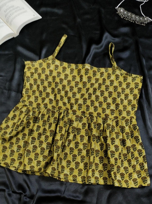 Hand-Block Printed Cotton Spaghetti Top – Mustard Floral